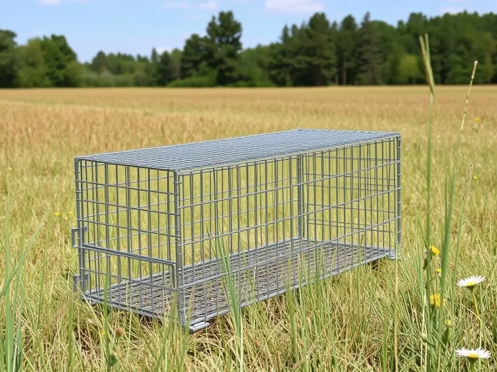 An image depicting a humane trap set in a rural area, illustrating the controlled and ethical approach to nuisance animal management by AMICALE DES CHASSEURS DE SERILHAC.