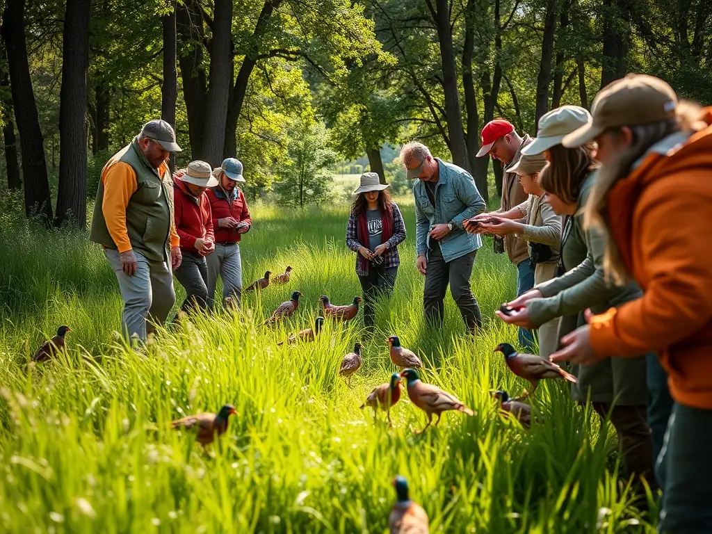 A photograph of a group of volunteers releasing young pheasants into a protected area, showcasing the species restocking program of AMICALE DES CHASSEURS DE SERILHAC.