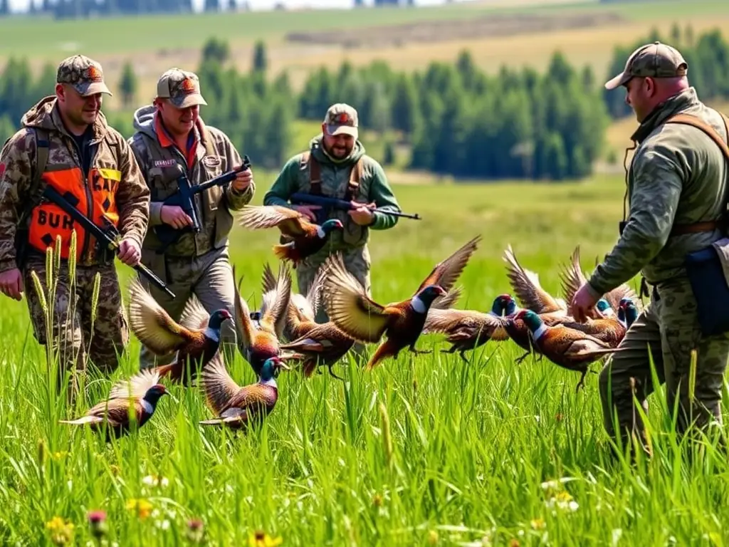 A photograph of a group of hunters releasing pheasants into a field, showcasing the species restocking program aimed at reintroducing native wildlife populations.