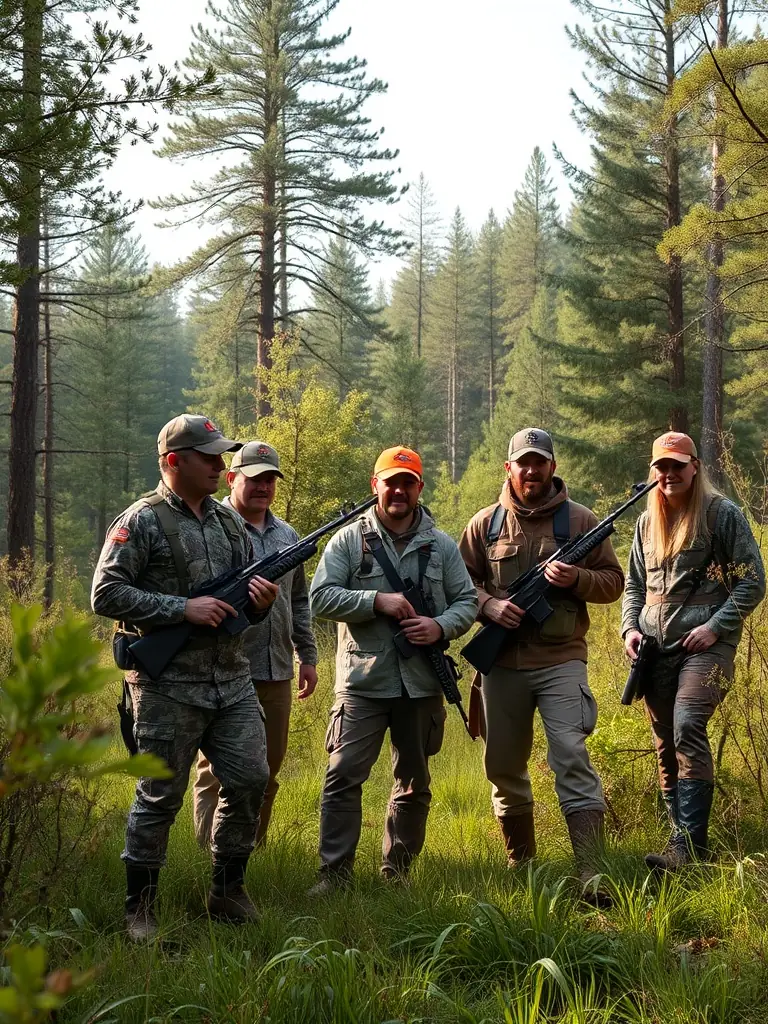 Hunters participating in a regulated hunting activity in a controlled natural environment, demonstrating responsible wildlife management.