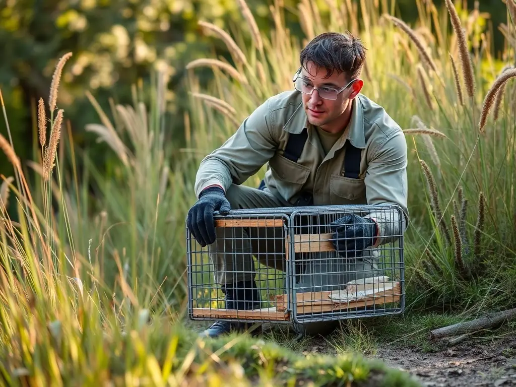 A professional wildlife manager setting up a humane trap to control nuisance animals, highlighting responsible and ethical practices.
