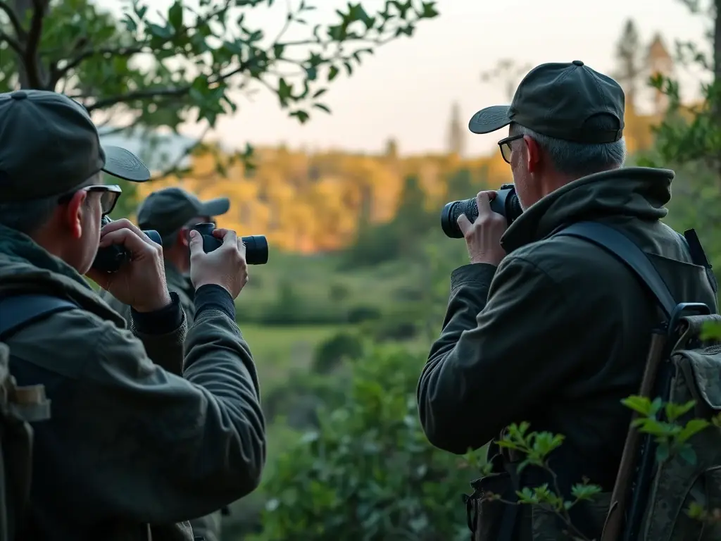 A lush forest scene with hunters carefully observing wildlife, emphasizing responsible hunting practices and habitat preservation.