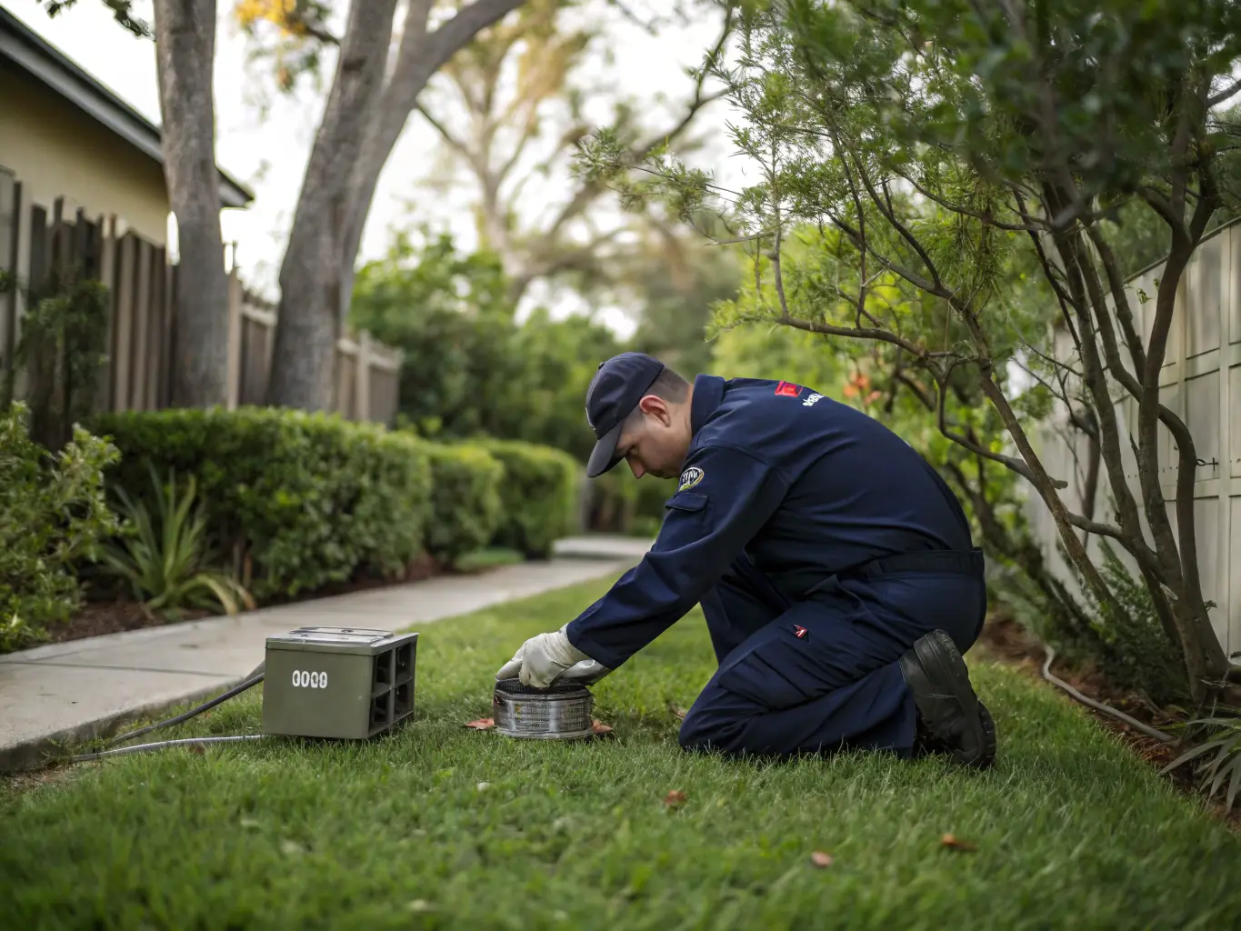 A professional wildlife manager is shown carefully setting up a humane trap to control nuisance animals, emphasizing responsible and ethical wildlife management practices.
