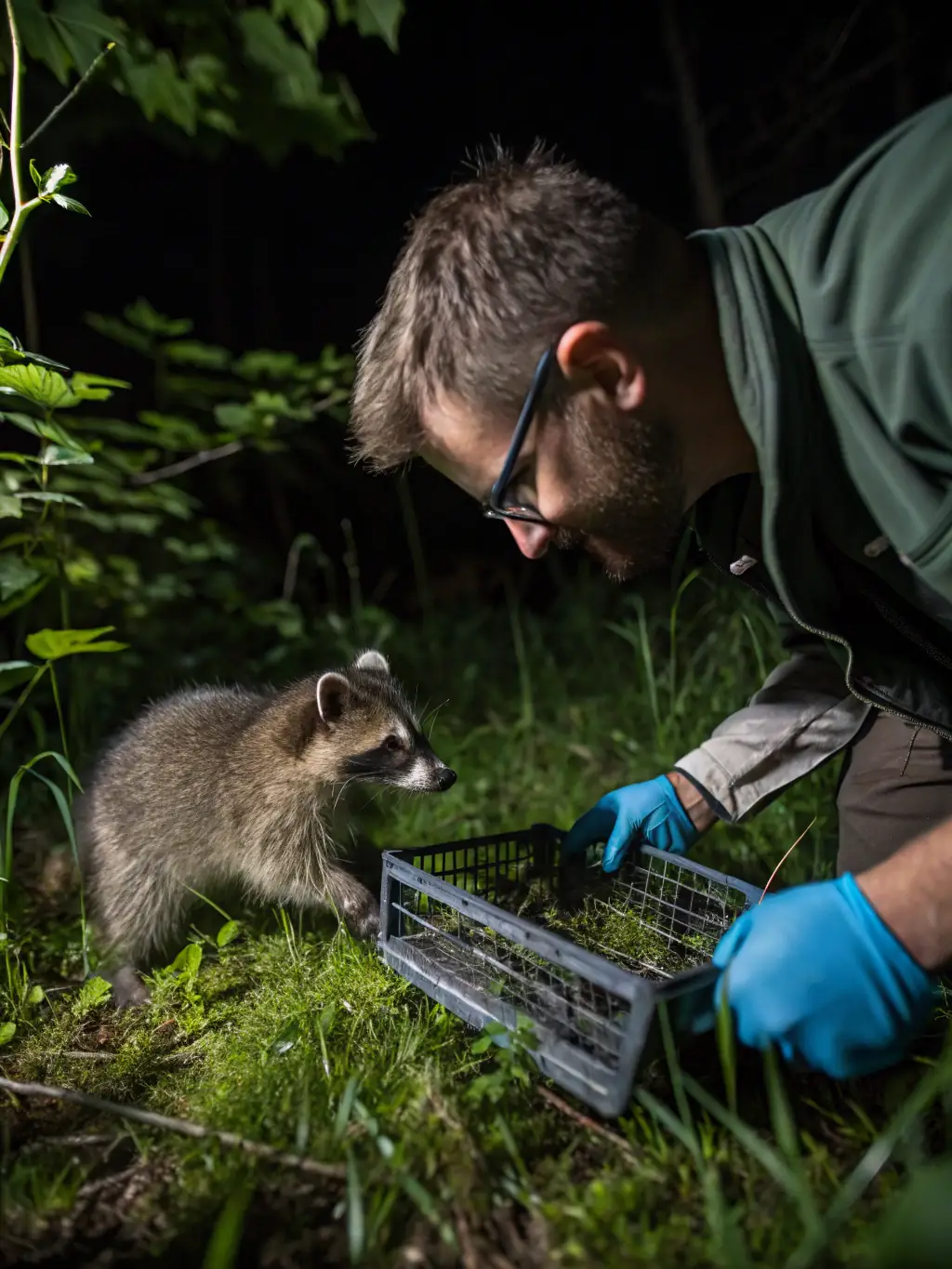 A conservation officer safely handling a nuisance animal in a controlled environment, demonstrating responsible wildlife management.