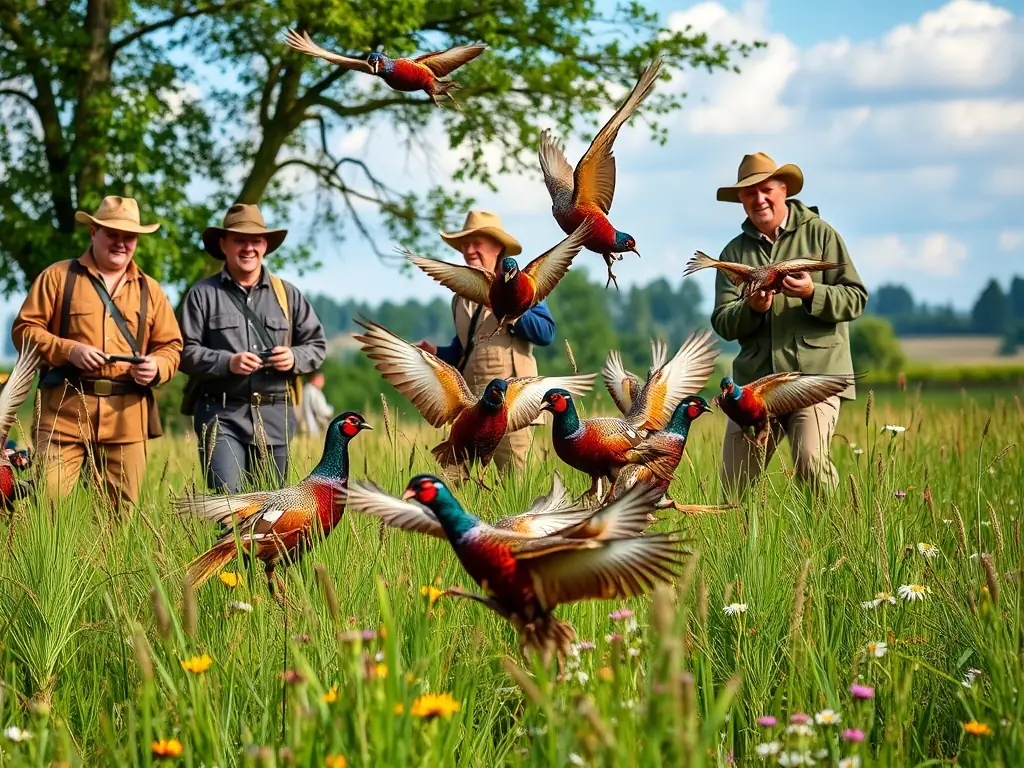 A group of volunteers releasing young pheasants into a field, symbolizing the restocking of native species to enhance biodiversity.